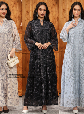 欧美烫钻长款连衣裙印花时尚宽松大码长裙Printed cardigan dress