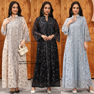 欧美烫钻长款连衣裙印花时尚宽松大码长裙Printed cardigan dress