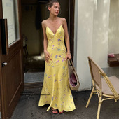 halter 性感辣妹深V印花连衣裙女露肩高腰长款 吊带裙Floral dress