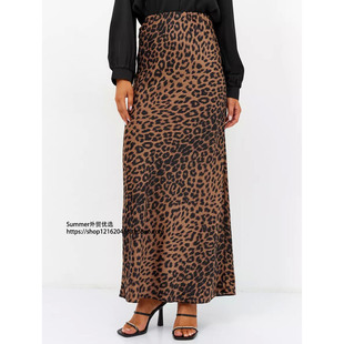 缎面性感豹纹印花半身裙松紧丝滑长裙Forged leopard print skirt