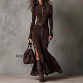 2025欧美大码 dress Suede 气质拉链翻领麂皮绒连衣裙时尚 优雅长裙