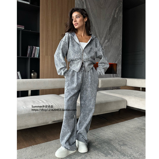 欧美洗水做旧时尚短款连帽卫衣休闲长裤两件套 Washed hoodie set