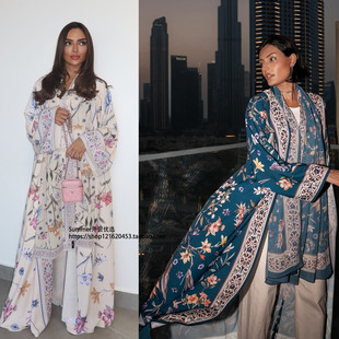 modest印花开衫大袍配头巾中东迪拜长袍女 Printed cardigan robe