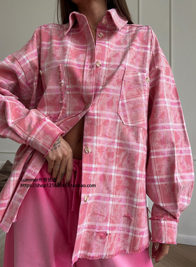格子衬衫复古潮色宽松衬衣外套粉色格纹衬衫Pink checkered shirt