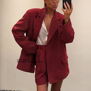 套装 Red striped 条纹翻领长袖 shorts 外套高腰短裤 suit set 西装