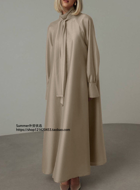 立领系带天丝连衣裙长袖侧开叉宽松休闲长裙Tencel lace up dress