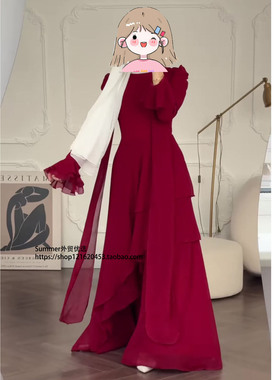 2026春设计感华贵长袖舒适气质连衣裙女绑带长裙Dubai long dress