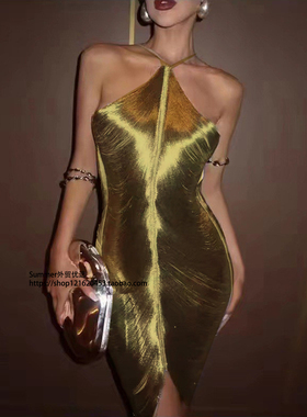 欧美时尚流苏挂脖露背连衣裙性感包臀短裙 Tassel backless dress