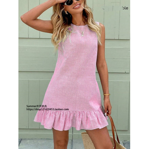 2026春欧美条纹荷叶边休闲背心裙