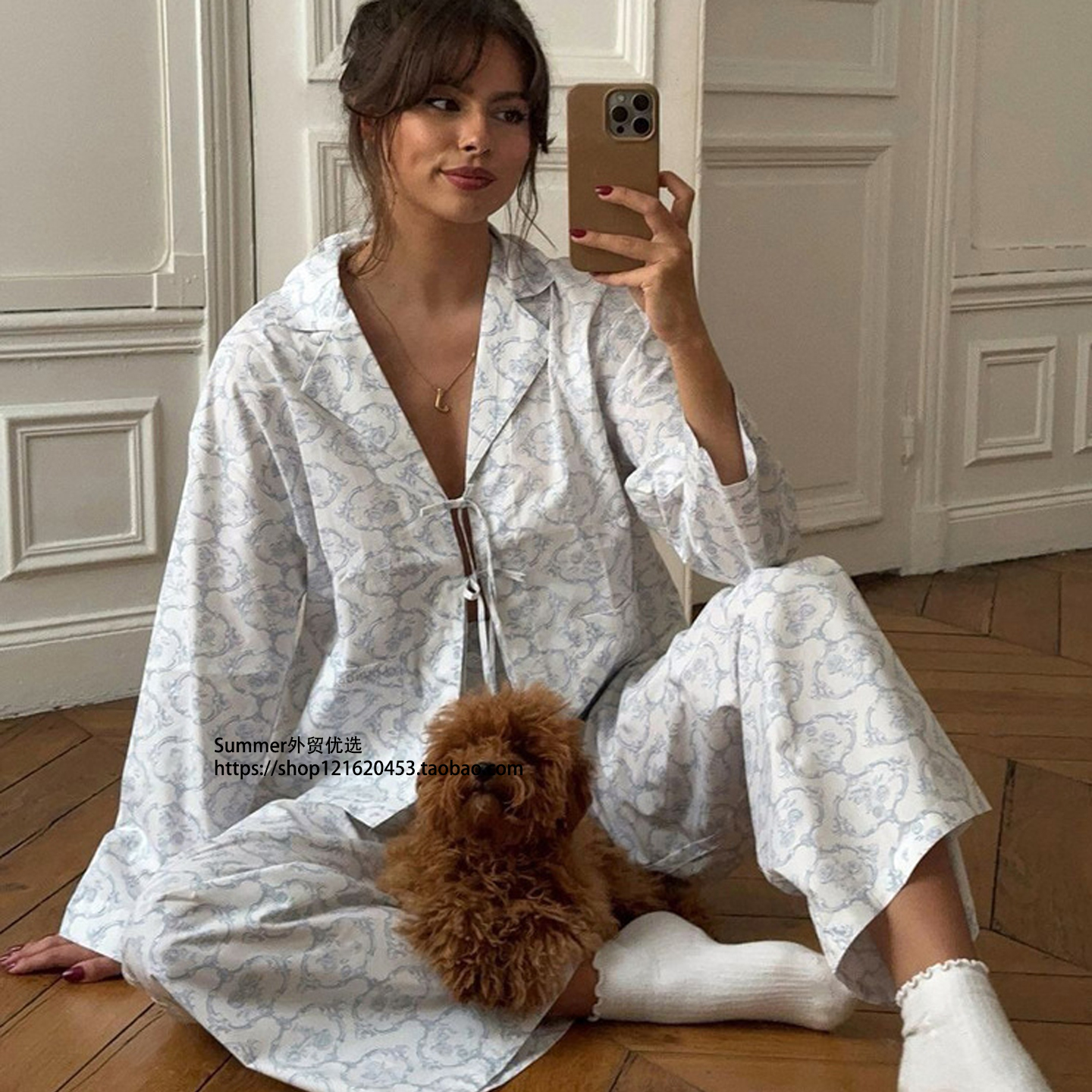 欧美舒适印花系带上衣长裤套装女