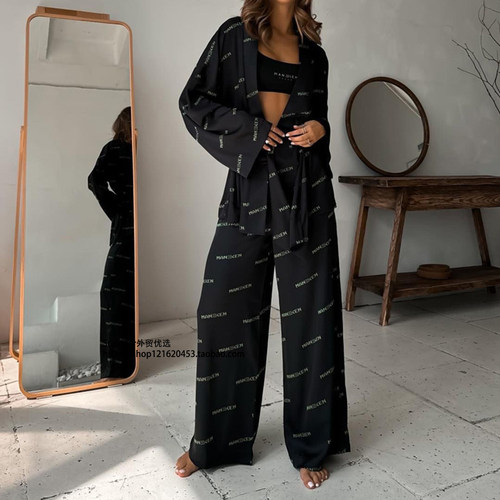 2026春休闲V领系带上衣长裤套装