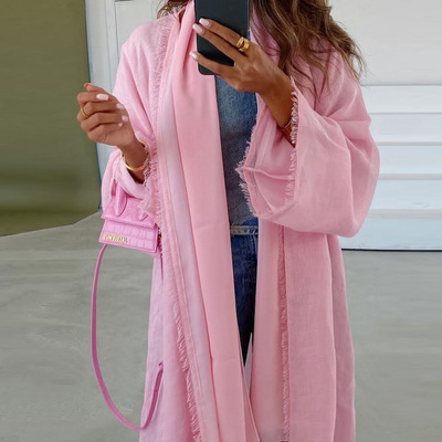 纯色流苏棉麻粉色开衫