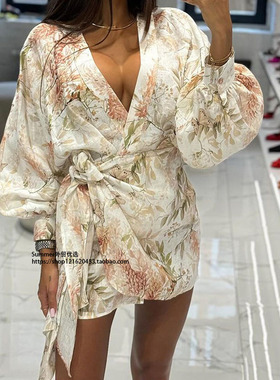 2025法式印花长袖V领下摆系带开衫连衣裙 Lace-up cardigan dress