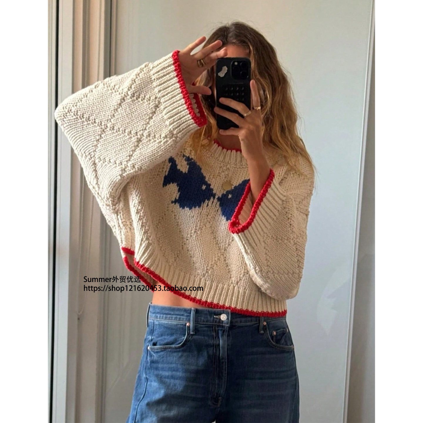 欧美时尚复古撞色提花设计针织宽松休闲毛衣 Little Fish Sweater