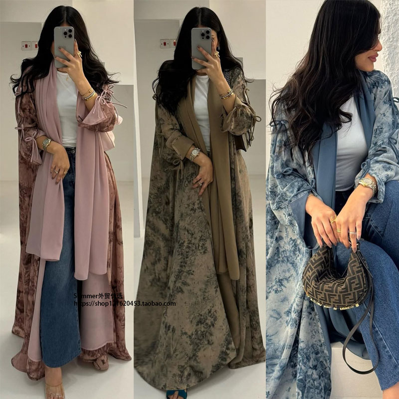 阿马亚雪纺印花开衫长袍含头巾沙特袍子Printed robe with turban