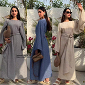 tied 中东阿拉伯收腰系带连衣裙迪拜纯色宽松袖 长裙女Waist dress