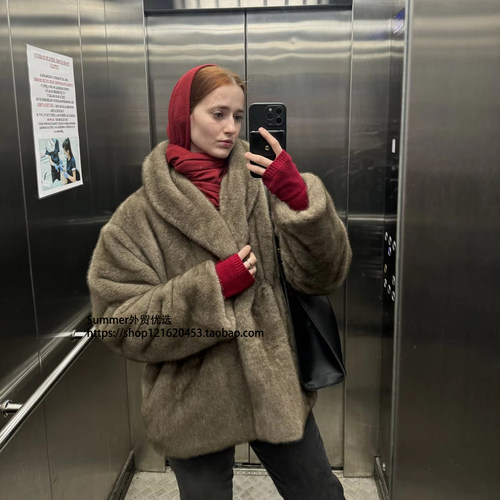欧美水貂毛收腰仿皮草毛毛外套女
