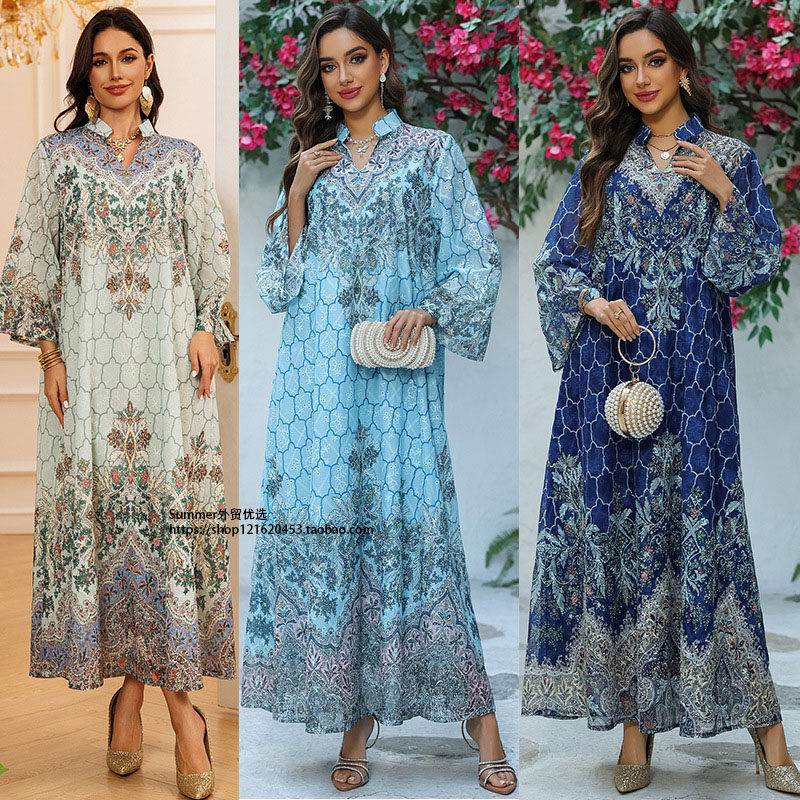 中东民族服绣花印花连衣裙长袍jalabiya Embroidered Arab dress