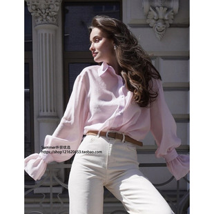 Lyocell 长袖 shirt 上衣女 欧美2025秋天丝宽松休闲开衫 喇叭袖 衬衫