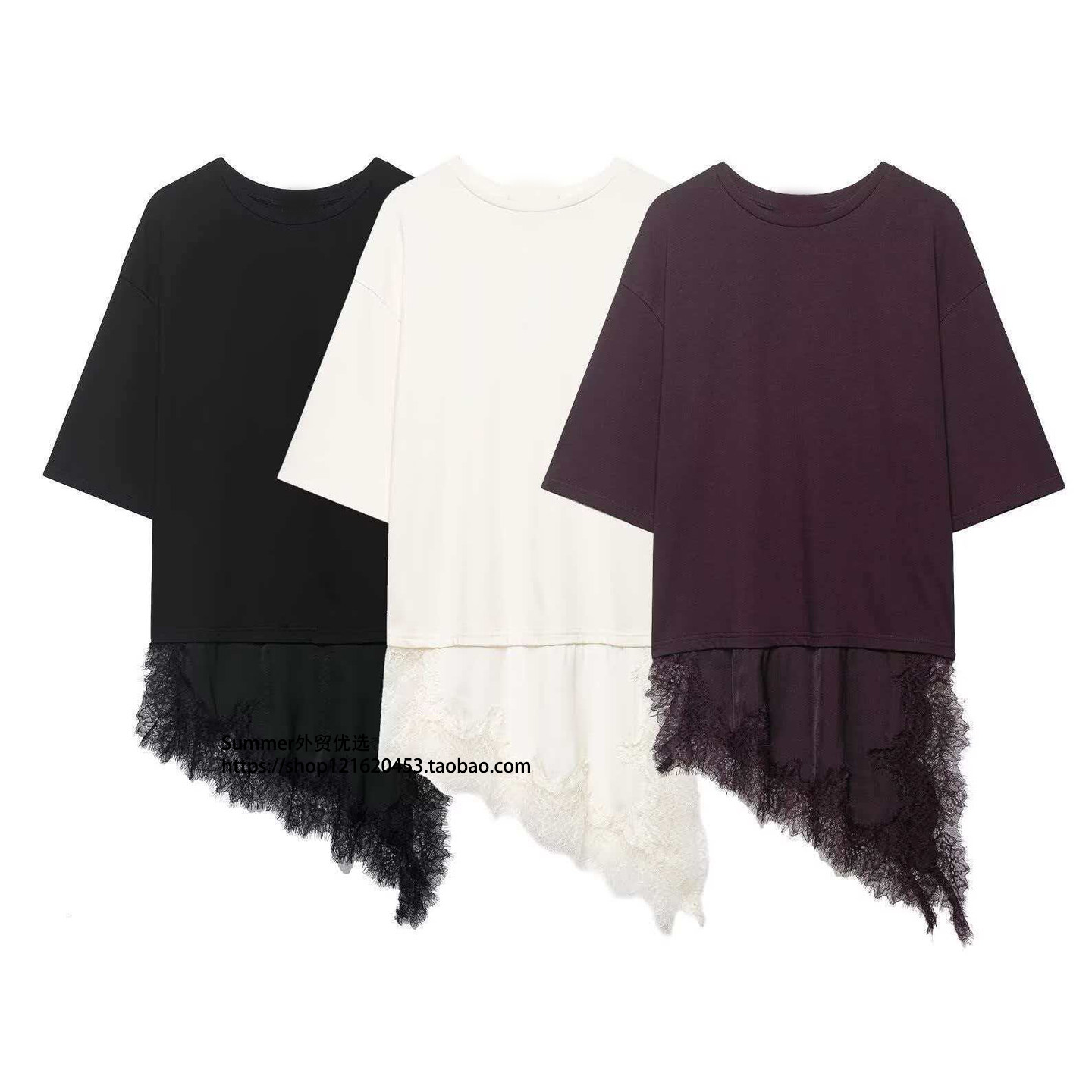 欧美百搭蕾丝拼接裙式上衣时尚中长款T恤Lace mid length T-shirt