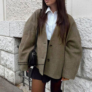 V领长袖 neck 纽扣外套2025年时尚 coat 舒适通勤开衫 欧美秋冬大码