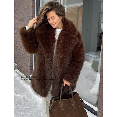 2025冬欧美西装领皮草中长款外套