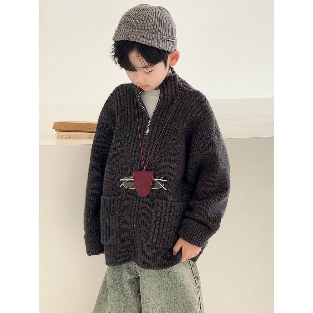 专柜品牌韩系男童立领毛衣秋冬季年新款慵懒风宽松韩版拉链针织衫