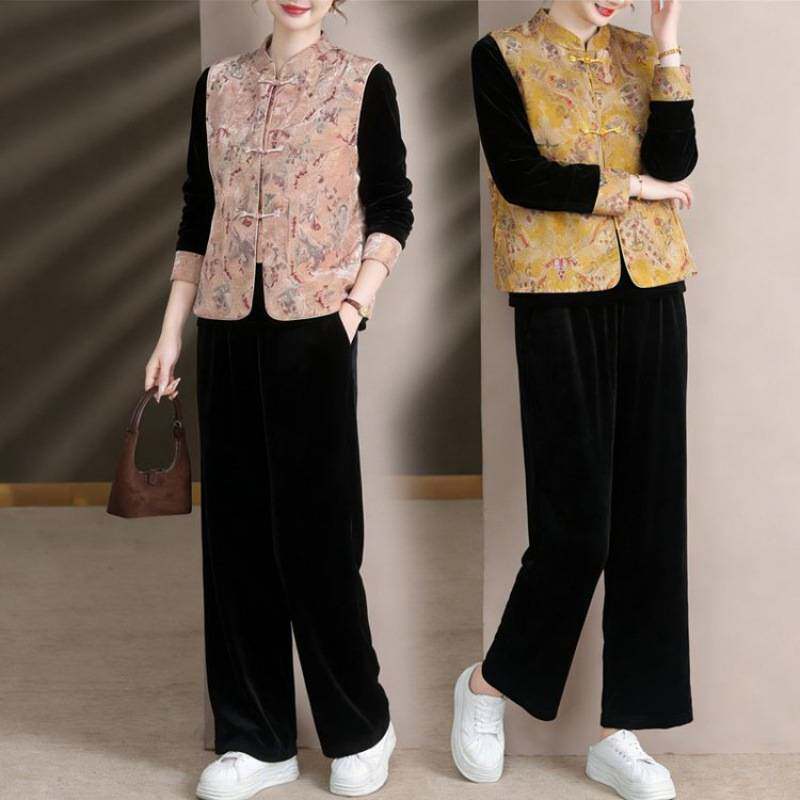 专柜品牌新款妈妈装春季新中式国风马甲上衣裤子三件套时尚洋气金