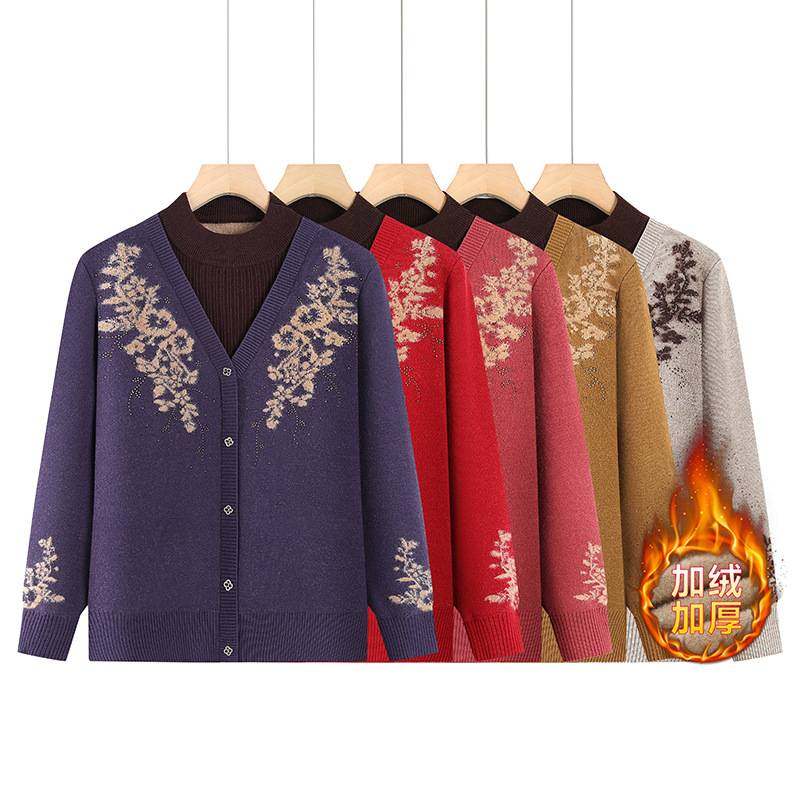 专柜品牌中老年人女妈妈装秋冬新款假两件针织加绒加厚保暖毛衣一