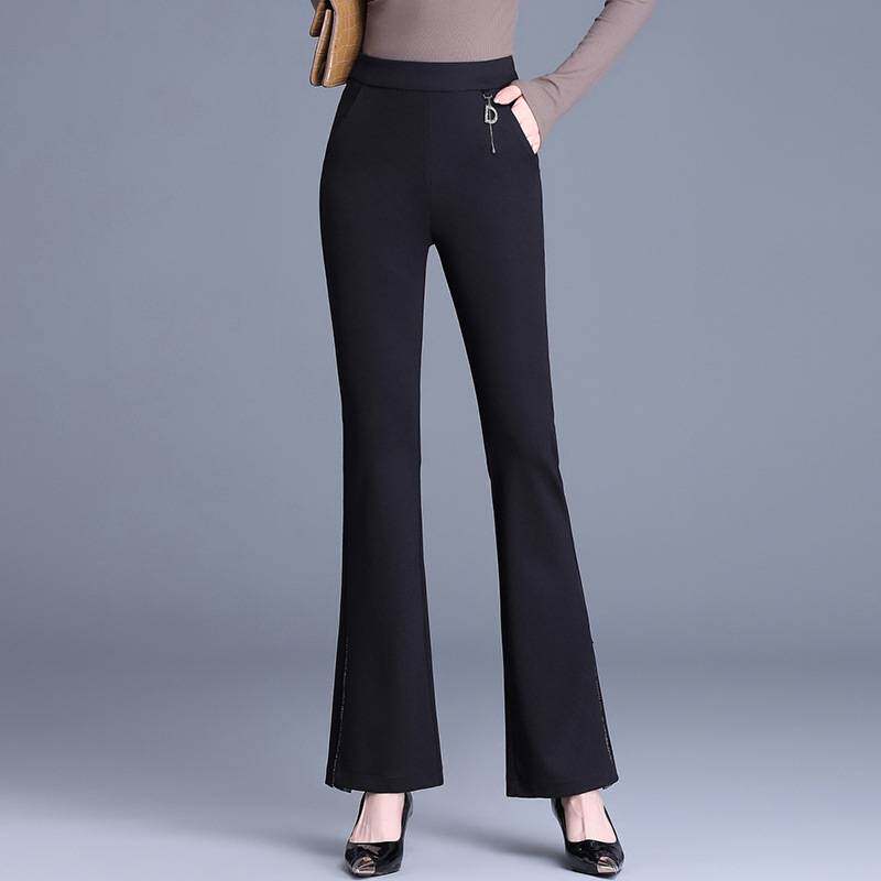专柜品牌镶钻拼结喇叭裤2026春季女装新款高腰显瘦黑色长裤时尚气
