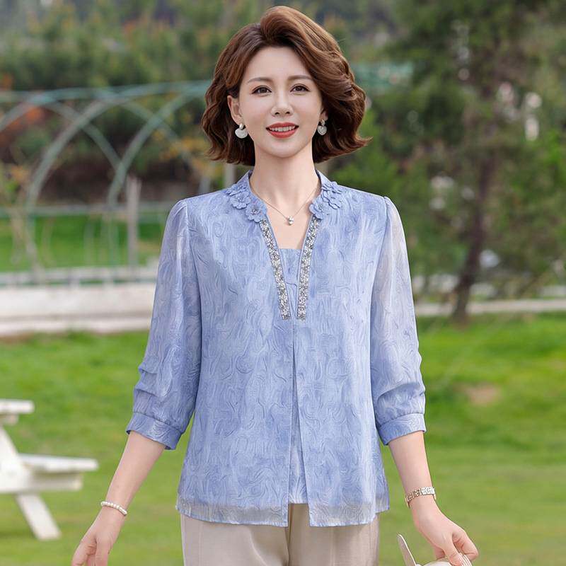专柜官方中老年妈妈七分袖雪纺上衣女夏2026新款端庄大气套装高贵