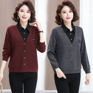 专柜品牌妈妈装春秋款假两件衬衣领针织衫中老年女装气质减龄遮肉