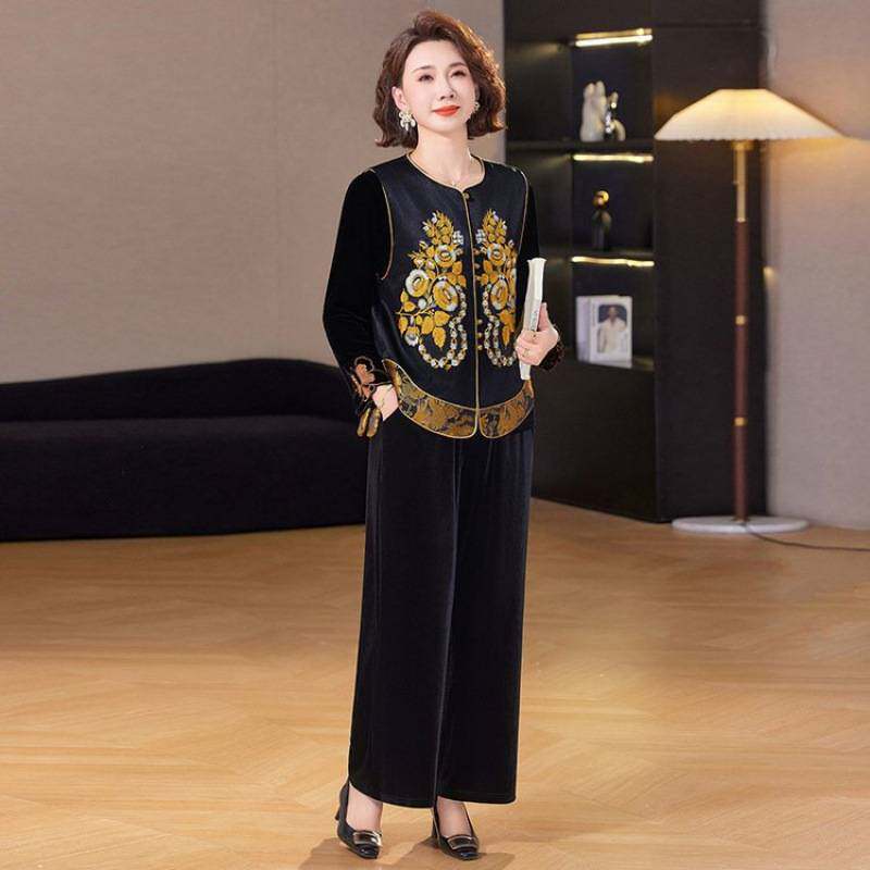 专柜品牌妈妈春装洋气金丝绒套装中国风女装中老年春秋马甲外套上