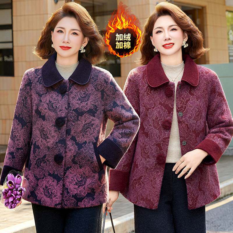 专柜官方妈妈冬装翻领碎花外套中老年人加绒加棉洋气上衣奶奶秋冬