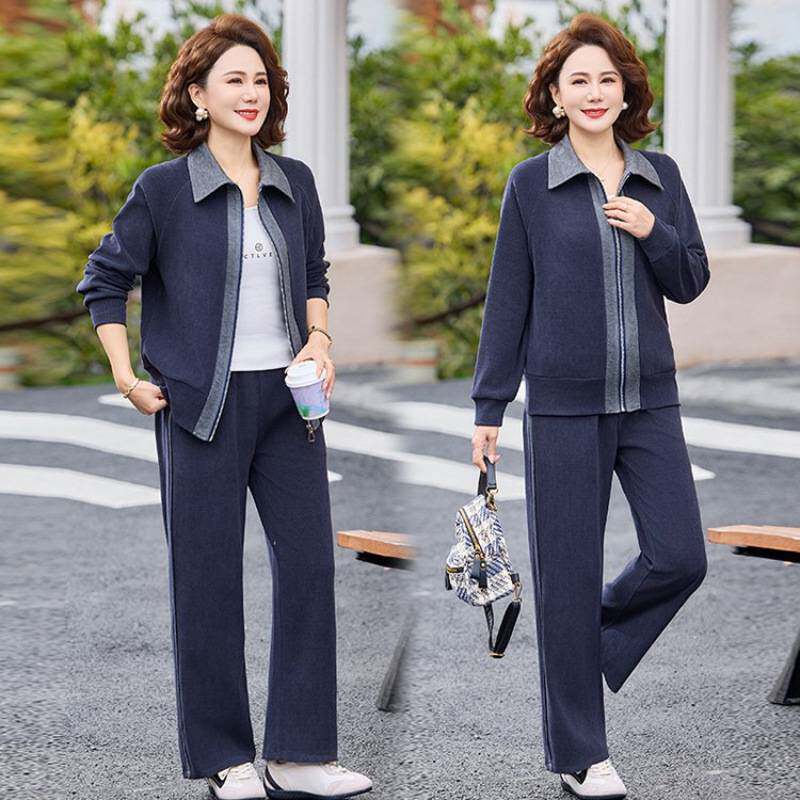 专柜品牌中年妈妈春秋装翻领运动服套装中老年女休闲端庄大气外套