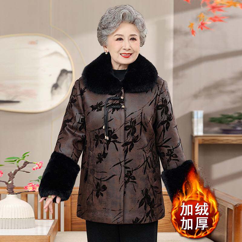专柜官方中老年女士冬装大毛领气质款印花外套老太太冬季加绒加厚