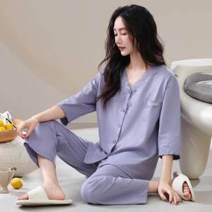 专柜品牌春夏秋季纯棉女士睡衣七分袖九分裤套装中年妈妈大码薄款