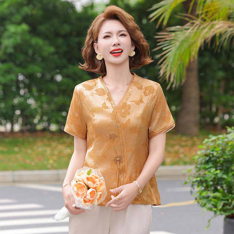 专柜官方妈妈夏装端庄大气套装中老年女士夏季新中式短袖雪纺上衣