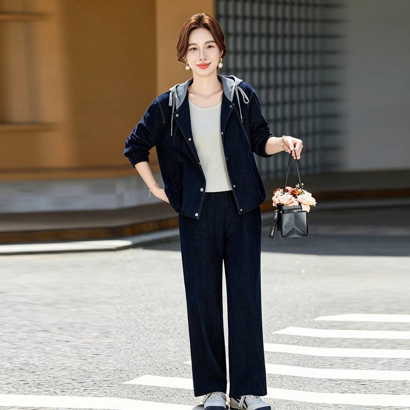专柜官方妈妈秋装新款时尚连帽外套裤子套装中老年女装春秋洋气显