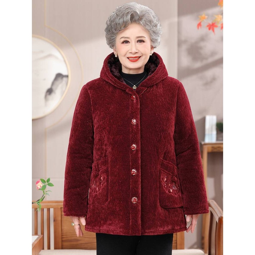 专柜品牌中老年妈妈冬装中长款棉衣服奶奶大码连帽棉袄老太太加绒
