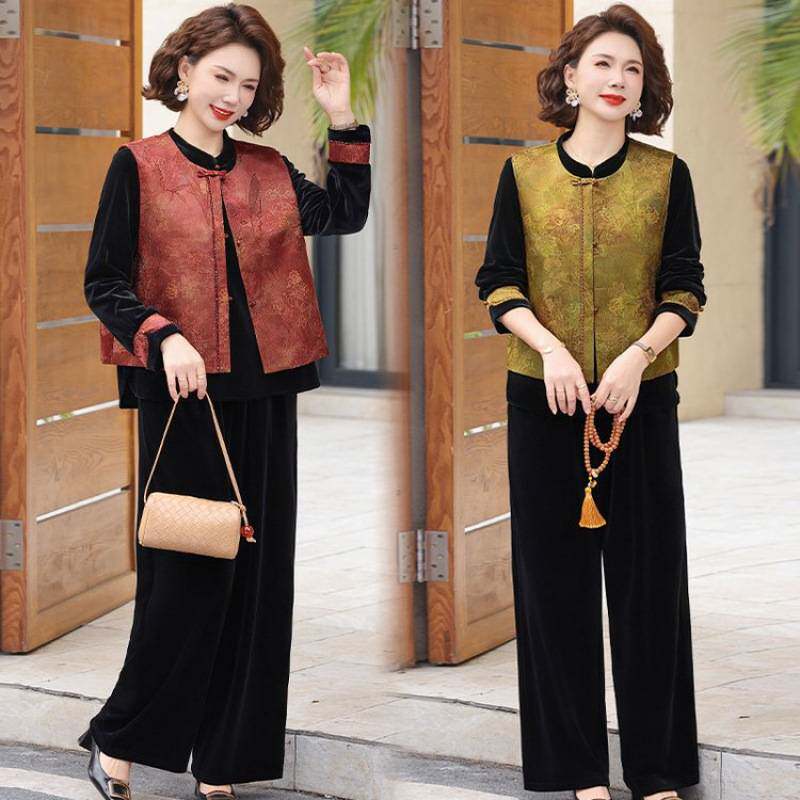 专柜品牌妈妈春装金丝绒套装端庄大气中老年女装春秋国风马甲三件