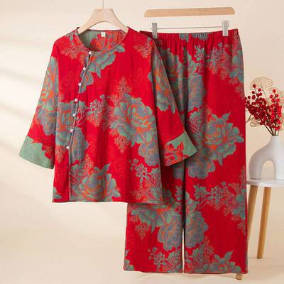 专柜品牌新年喜庆国风红色纯棉睡衣女春秋家居服本命年薄款宽松套