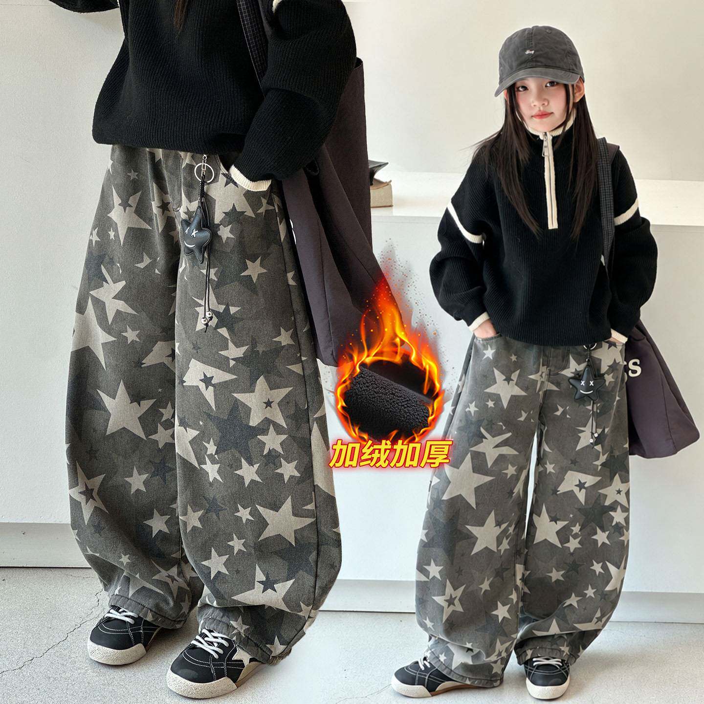 专柜品牌女童美式复古加绒工装阔腿裤2026新款儿童加厚一体绒迷彩