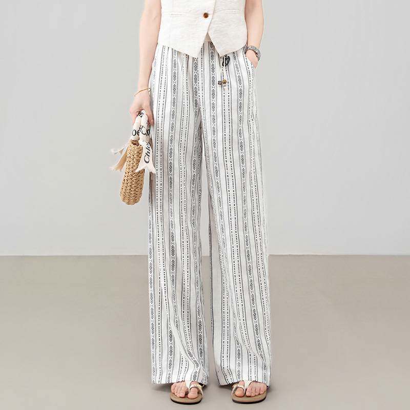 专柜官方老钱风棉麻阔腿裤女2026夏季新款松紧高腰垂感百搭编织提