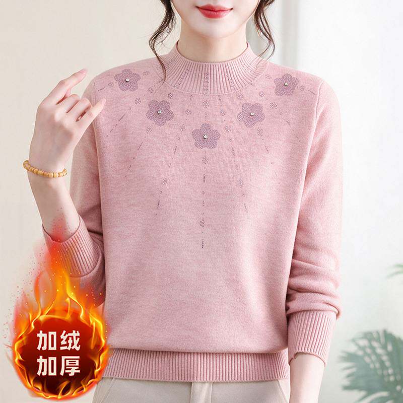 专柜官方妈妈冬装半高领加绒加厚毛衣女中老年人一体绒保暖针织打