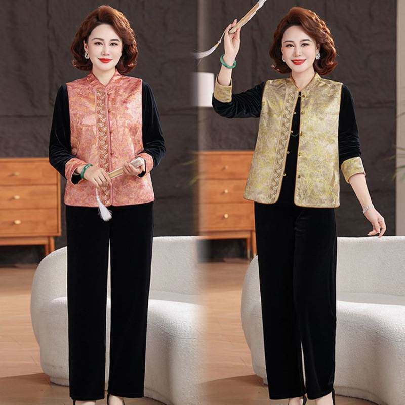 专柜品牌新中式妈妈春装刺绣马甲三件套中老年女装端庄大气气质女