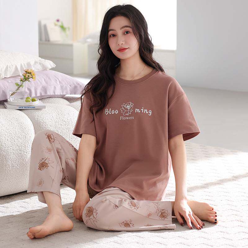 专柜官方2026新款带胸垫睡衣女士夏季纯棉短袖长裤薄款夏天大码家
