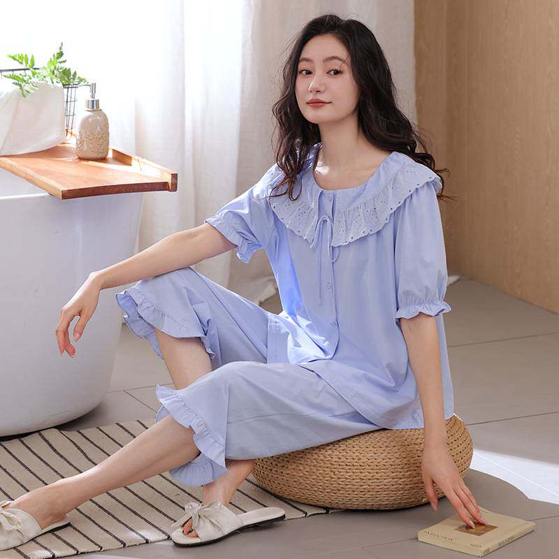 专柜官方睡衣女款夏季2026新款纯棉短袖七分裤薄款休闲大码全棉家