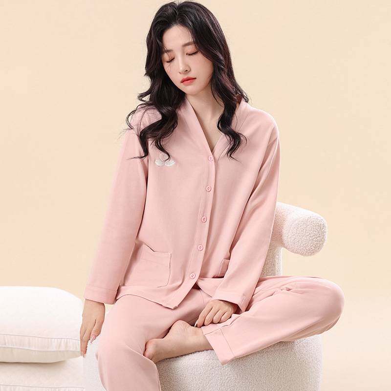 专柜品牌女士睡衣纯棉春秋季长袖开衫V领套装全棉家居服女大码薄