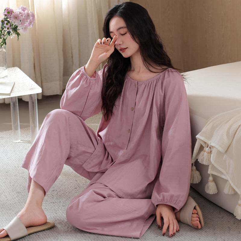 专柜品牌春秋季纯棉睡衣女薄款纯色甜美圆领长袖长裤大码宽松家居